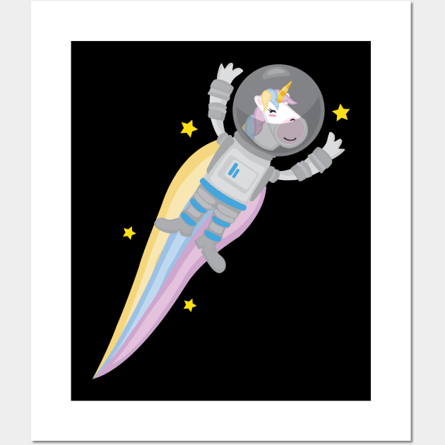 Space Unicorn Flying in the Galaxy of Stars in s Spacesuit. Funny cute design Wall Art by Uncle Fred Design